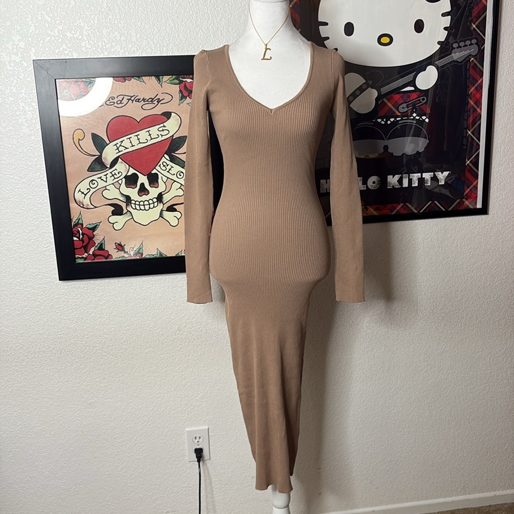Better Be Taupe Ribbed Long Sleeve V-Neck Maxi Dress Bodycon Minimalist Basic